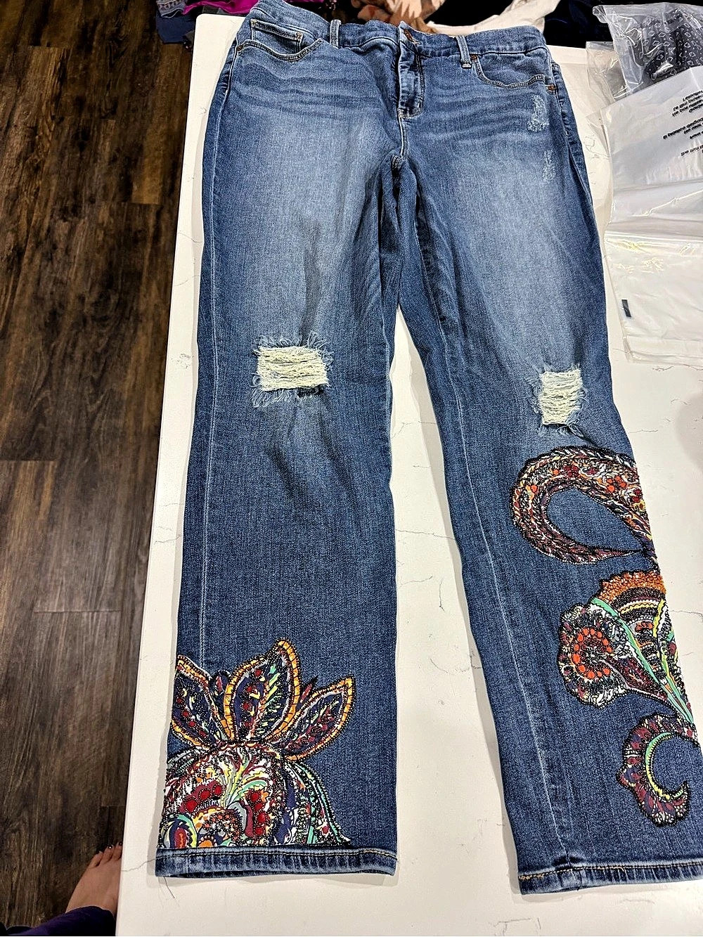 Chico’s Embroidered Paisley Straight Leg Jeans in Blue